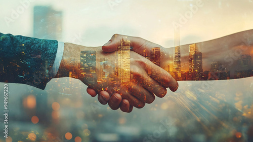 Double Exposure Illustration of Two Business People Shaking Hands with Cityscape and International Bank Building in the Background, Symbolizing Successful Business Partnership and Global Financial Col