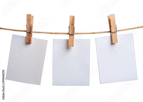 Three white paper sheets are attached to a rope with wooden clothes pins. The sheets are empty and are hanging against a white background