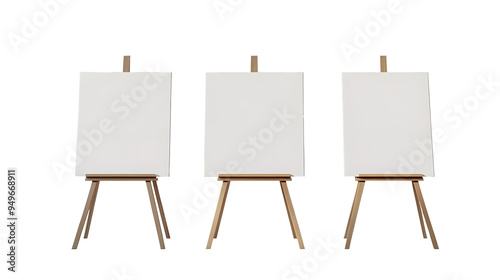 Three blank canvases on easels in a white room with natural light.