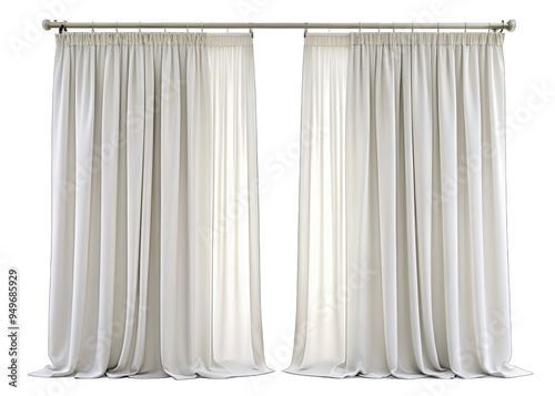 Two sets of white curtains are hung on a silver rod against a white backdrop