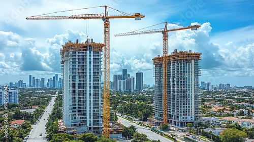 Tower lifting cranes at high residential apartment building construction site Real estate development in Miami urban area : Generative AI