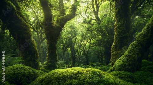 Trees covered with dense moss in rainforest Goblin Forest Egmont National Park Taranaki North Island New Zealand Oceania : Generative AI