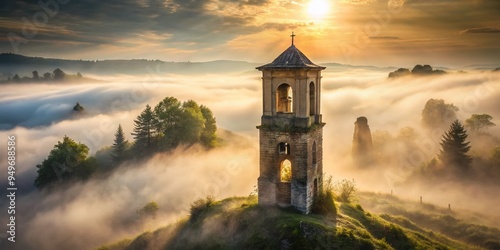 ancient mystical foggy morning bell tower silhouette ruins mysterious isolated landscape misty mysterious atmosphere forgotten world mythology