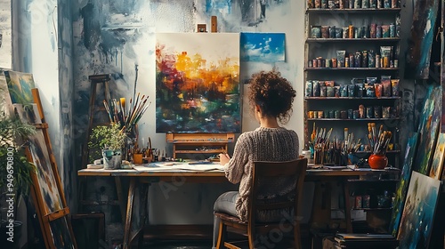 Creative Artist Working in Inspiring Art Studio Filled with Paintings