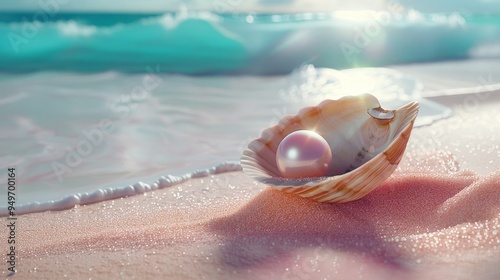 Luminous Pearl Inside Shell Resting on Soft Pink Sand by Ocean.