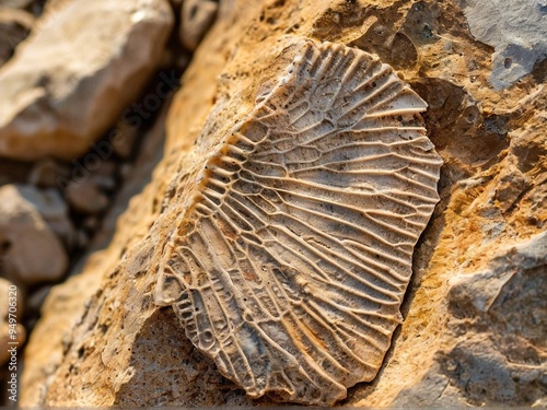 Close-up of a fossilized coral embedded in a rock, showcasing its intricate detail and delicate patterns. The fossil is light brown and beige with a textured surface.