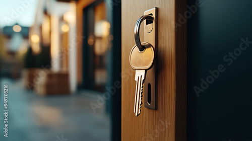 A close-up of a key inserted into a door lock with a blurred background of a modern outdoor setting.