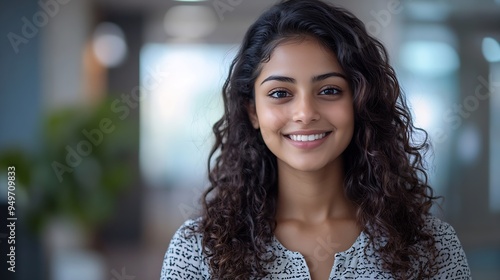 Indian curly hair young adult gen z smiling cute corporate girl standing proud look cam indoor office place Confident happy business woman worker do pose head shot portrait video at jo : Generative AI