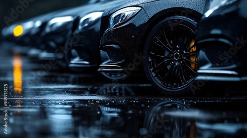 Black sedan cars standing in a row Fleet of generic modern cars Transportation Luxury car fleet consisting of generic brandless design isolated in dark background after rain wet surfac : Generative AI