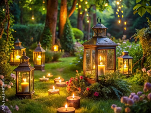 softly glowing lanterns, moonlit garden, lush greenery, serene, romantic, whimsical, enchanted evening, love's whispers