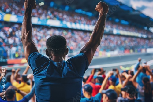 Sports event excitement at a motor racing match, a black man in navy blue t-shirt raises arms celebrating amidst cheering fans in a packed stadium, high energy and passion fill the air.