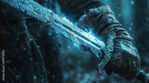 Ice sword. A gloved hand tightly grips a magical sword, its blade glowing with an ethereal blue light.