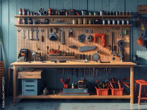 A well-organized workshop with a wooden workbench and pegboard wall, filled with tools and supplies.