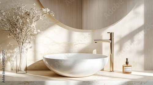 White stone vanity counter modern bowl washbasin gold chrome faucet in sunlight shadow on cream wood panel wall for luxury beauty cosmetic skincare body care product display background : Generative AI