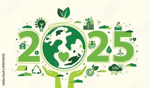 2025 New year, Eco friendly, Sustainability planning concept with globe and World environmental green doodle icons drawing set on white background ,Vector illustration