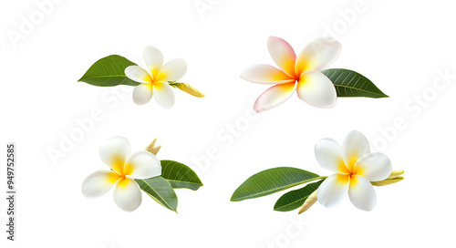 Set of trumpet flowers with separate leaves on a white background.