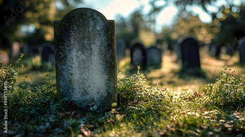 Blank old gravestone in graveyard.