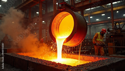 Molten steel is poured from a ladle into a mold, creating dramatic splashes in a busy industrial setting.