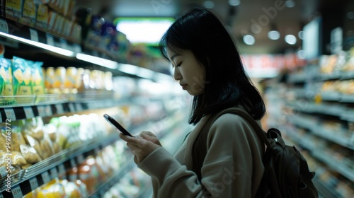 In the bright aisles of a grocery store, a woman uses her phone to aide her shopping, reflecting the digital integration in daily activities.