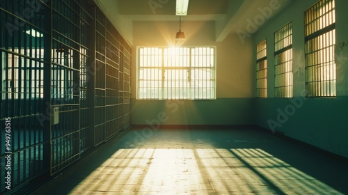 An illuminated, empty prison cell with sunlight streaming through the bars, casting a stark shadow and highlighting the poignancy of confinement.