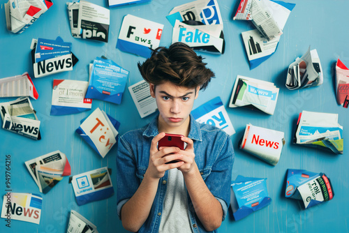 Teenager confused by contradictory news, multiple notifications on phone, concerned facial expression