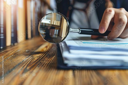 Auditor inspecting company records, pointing at discrepancies, reports and files neatly organized