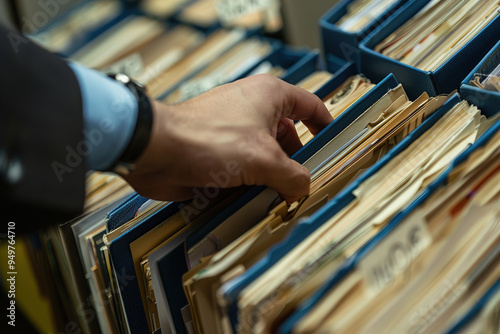 Auditor inspecting company records, pointing at discrepancies, reports and files neatly organized