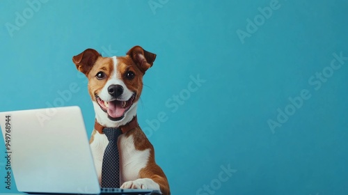 Portrait of dog office worker in a tie. blue background. space for text.