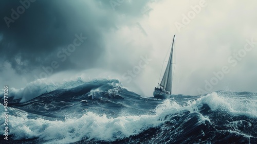 A sailboat struggles against towering dark waves under a stormy sky, capturing a dramatic, intense maritime struggle.