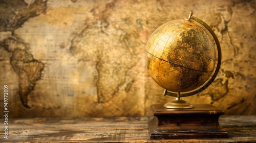 A vintage globe rests on a wooden table, evoking a sense of travel and history against an antique world map backdrop.