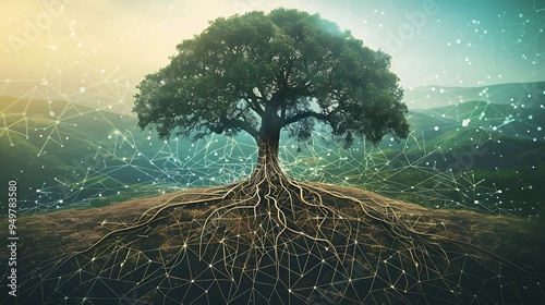 A conceptual illustration of a tree with roots extending into an abstract background of interconnected lines and patterns, symbolizing growth and connection. 8k UHD, suitable for high-quality 