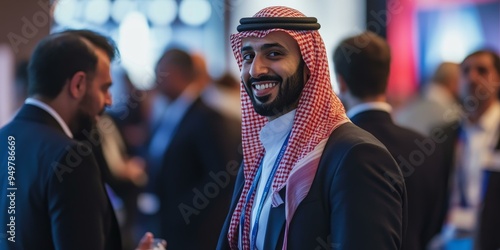 Man in a suit and checkered keffiyeh smiling.