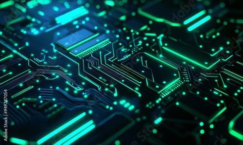 Blue and green abstract electronic PCB (Printed Circuit Board) background with 3D illustration.