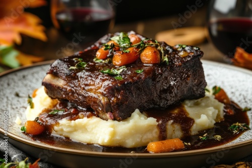 Delicious braised beef short ribs with mashed potatoes and gravy