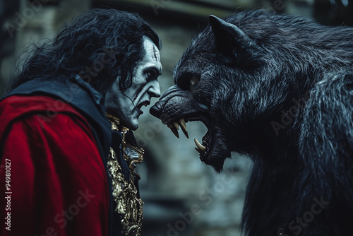 A gothic clash between Dracula and a fearsome werewolf in a dark realm, fighting to defend humanity from impending doom