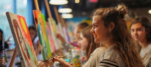 Young Students Enjoying a Creative Paint and Sip Event at an Art Studio for Freshmen Engagement