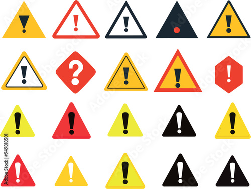 The danger and warning sign set consists of an exclamation mark sign. Caution icon.