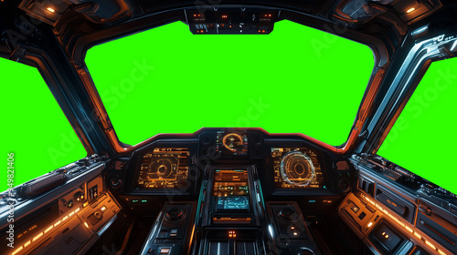 Futuristic spaceship cockpit pilot view with green screen for compositing, advanced control panels, immersive sci-fi design, new beautiful stock image illustration AI.