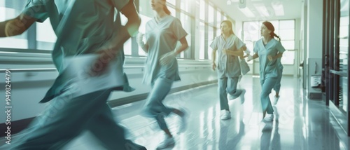 Medical personnel quickly move down a brightly lit hospital corridor, responding to an urgent call.