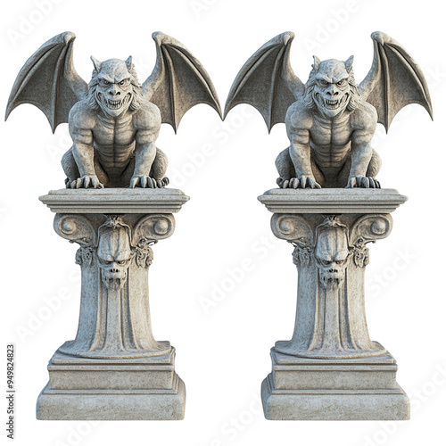 Two stone gargoyle statues on pedestals with wings, menacing expressions, and intricate details, perfect for gothic decor.