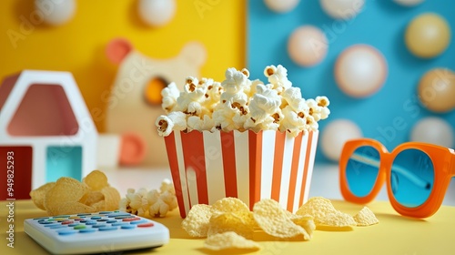 Enjoy a home movie night with your favorite streaming apps. Get cozy with popcorn, chips, 3D glasses, and a remote for endless entertainment options. 