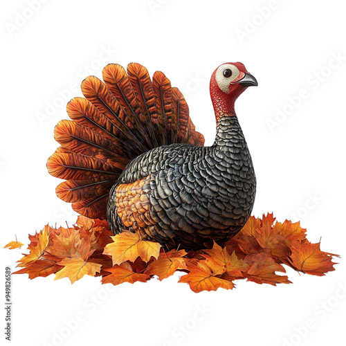 Colorful turkey figurine surrounded by autumn leaves, symbolizing Thanksgiving and fall celebrations.