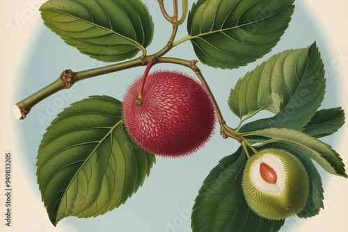 Litchi Fruit Depicted on Clear Background in Vintage Botanical Art Style