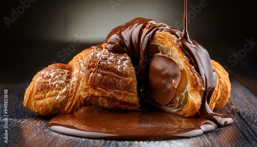 Un croisant muy sabroso cortado por la mitad, relleno de cremoso chocolate