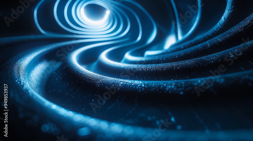 A dynamic blue vortex swirls in a digital landscape, with glowing particles illuminating its depth and creating an abstract, captivating effect.