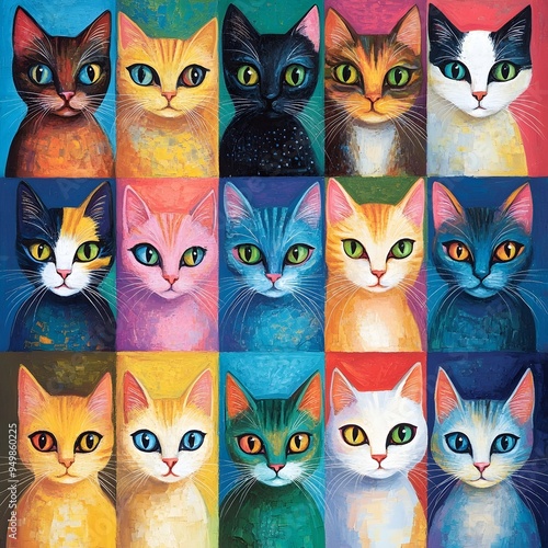 Colorful Cubist Cats Vibrant Pastel Portrait Paintings in Magazine Style