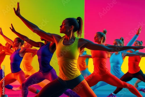 A vibrant group fitness class in a gym, showing multiple people performing synchronized exercises against a multicolored background, highlighting energy and teamwork.