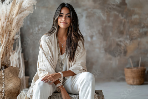 A casually dressed woman sits comfortably against a neutral background, wearing light and cozy clothing, exuding a relaxed and approachable demeanor in a modern, minimalist setting.