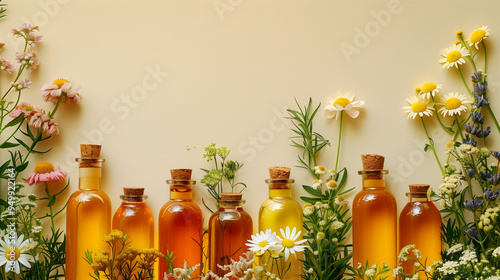 Bottles of essential oils with wildflowers on light background. Copy space