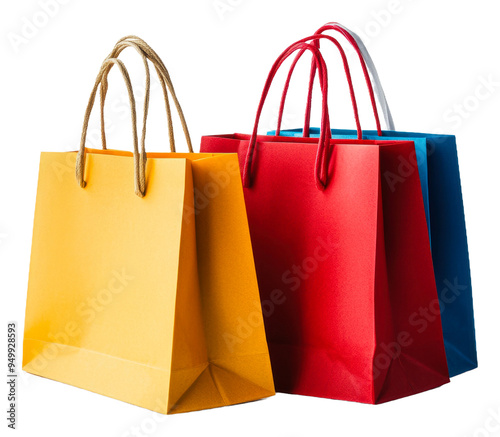 Colorful shopping bags stacked together on a table isolated on transparent background